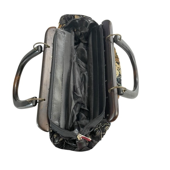 Vintage Unbranded Floral Pattern Beaded Fabric Handbag Satchel Purse Wood Handle - Picture 6 of 16